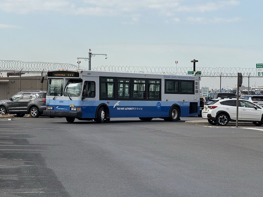 Shuttle bus in the economy parking lot at Newark Liberty International Airport